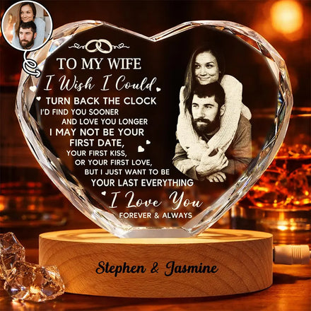 Custom Photo I Wish I Could Turn Back The Clock - Personalized Crystal Heart Shaped Lamp