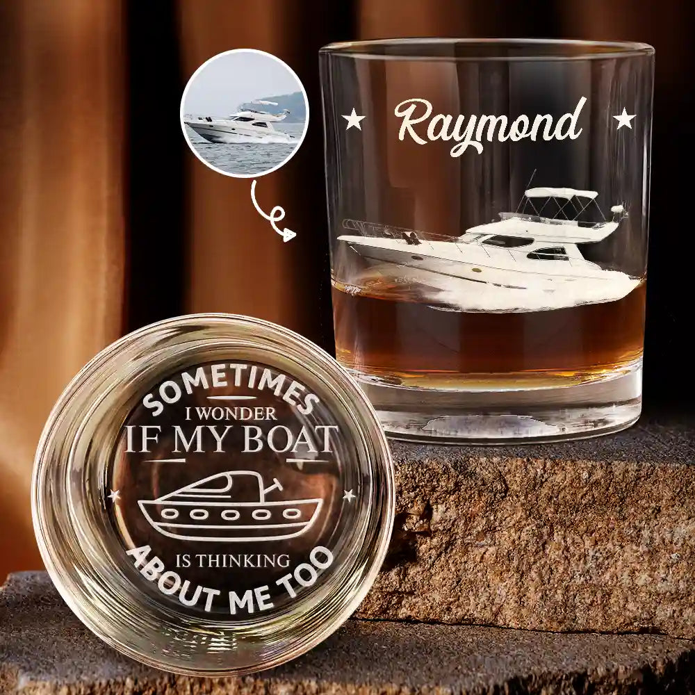 Custom Photo I Wonder If My Boat - Personalized Engraved Whiskey Glass