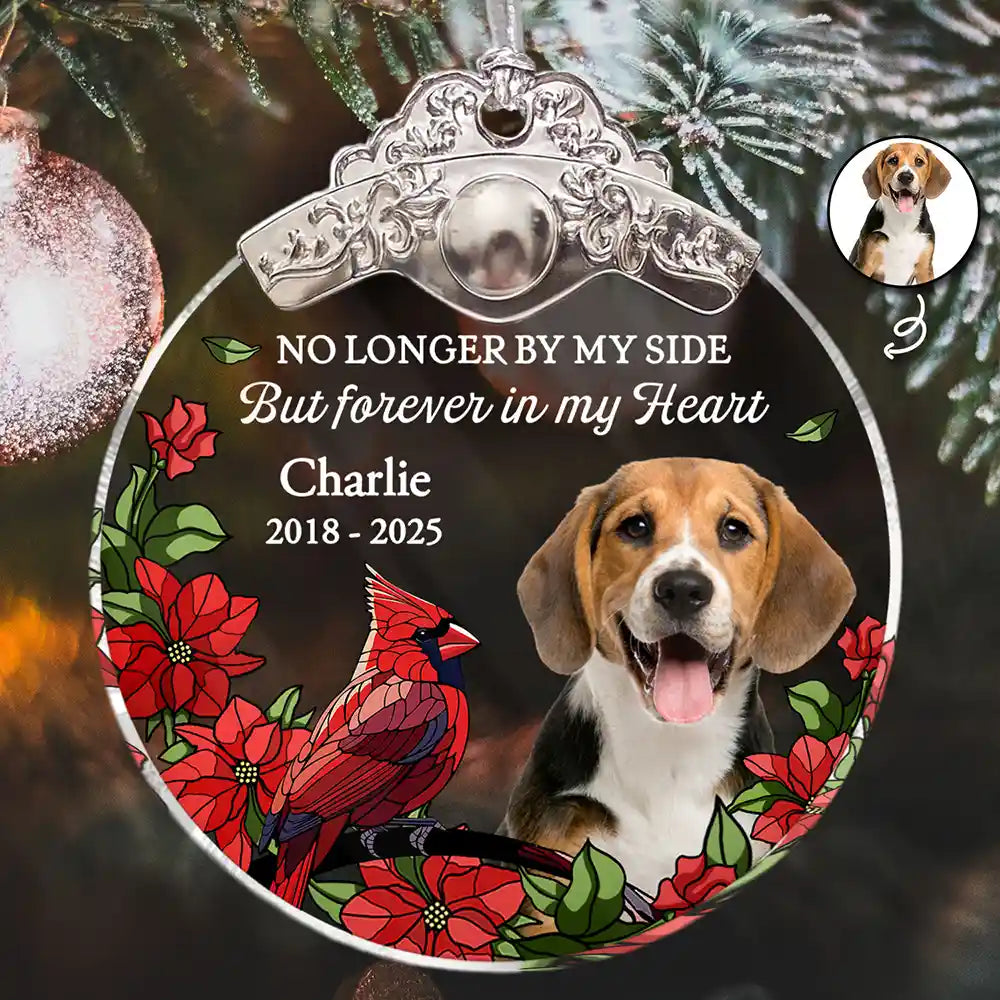 Custom Photo No Longer By My Side But Forever In My Heart - Personalized Glass Ornament With Silver Cap
