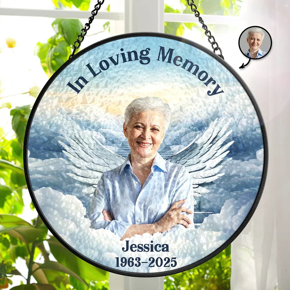 Parents, Memorial, Sad, Gift For Grandparents, Gift For Sibling, Family - Custom Photo In Loving Memory Memorial Heaven - Personalized Stained Glass Window Hanging Suncatcher