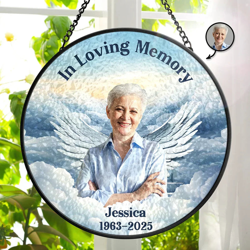 Parents, Memorial, Sad, Gift For Grandparents, Gift For Sibling, Family - Custom Photo In Loving Memory Memorial Heaven - Personalized Stained Glass Window Hanging Suncatcher