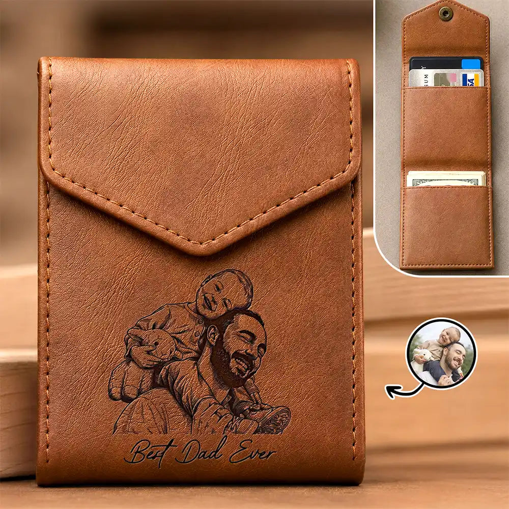Custom Photo Ink Drawing Family Portrait Best Grandpa Dad Ever - Personalized Leather Slim Wallet