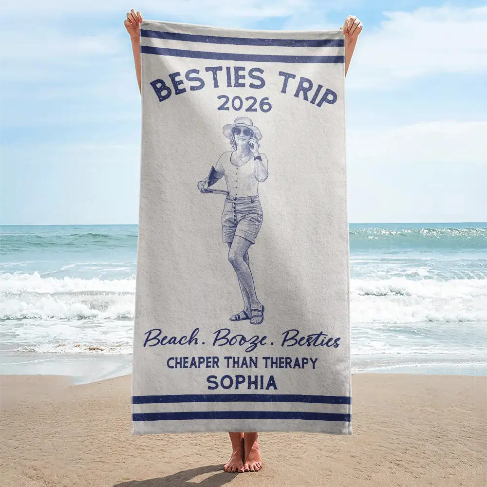 Parents,Gift For Women,Gift For Yourself,Gift For Sibling,Gift For Sisters,Gift For Brothers,Family,Gift For Bestie,Gifts For Colleagues,Summer,Beach,Happy - Custom Photo Ink Drawing Girls Trip Family Trip Beach Vacation - Personalized Beach Towel
