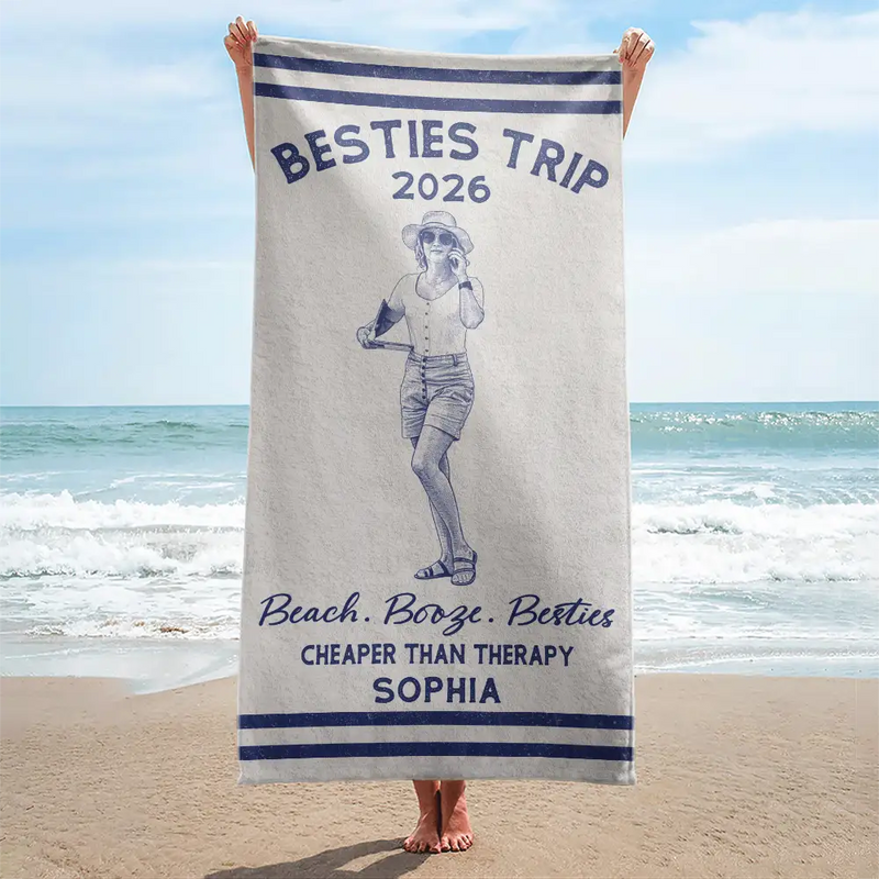 Parents,Gift For Women,Gift For Yourself,Gift For Sibling,Gift For Sisters,Gift For Brothers,Family,Gift For Bestie,Gifts For Colleagues,Summer,Beach,Happy - Custom Photo Ink Drawing Girls Trip Family Trip Beach Vacation - Personalized Beach Towel