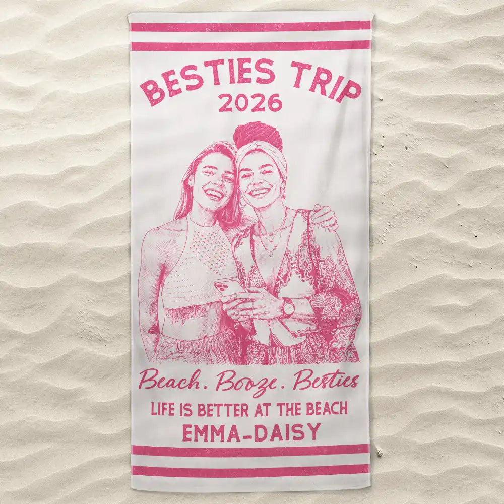 Parents,Gift For Women,Gift For Yourself,Gift For Sibling,Gift For Sisters,Gift For Brothers,Family,Gift For Bestie,Gifts For Colleagues,Summer,Beach,Happy - Custom Photo Ink Drawing Girls Trip Family Trip Beach Vacation - Personalized Beach Towel