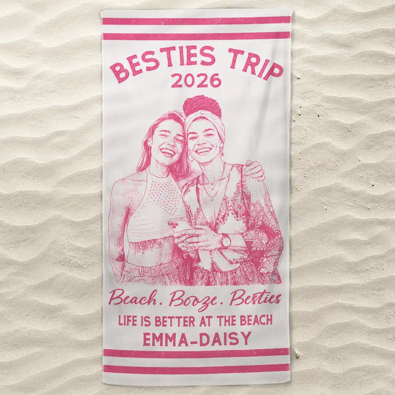 Parents,Gift For Women,Gift For Yourself,Gift For Sibling,Gift For Sisters,Gift For Brothers,Family,Gift For Bestie,Gifts For Colleagues,Summer,Beach,Happy - Custom Photo Ink Drawing Girls Trip Family Trip Beach Vacation - Personalized Beach Towel