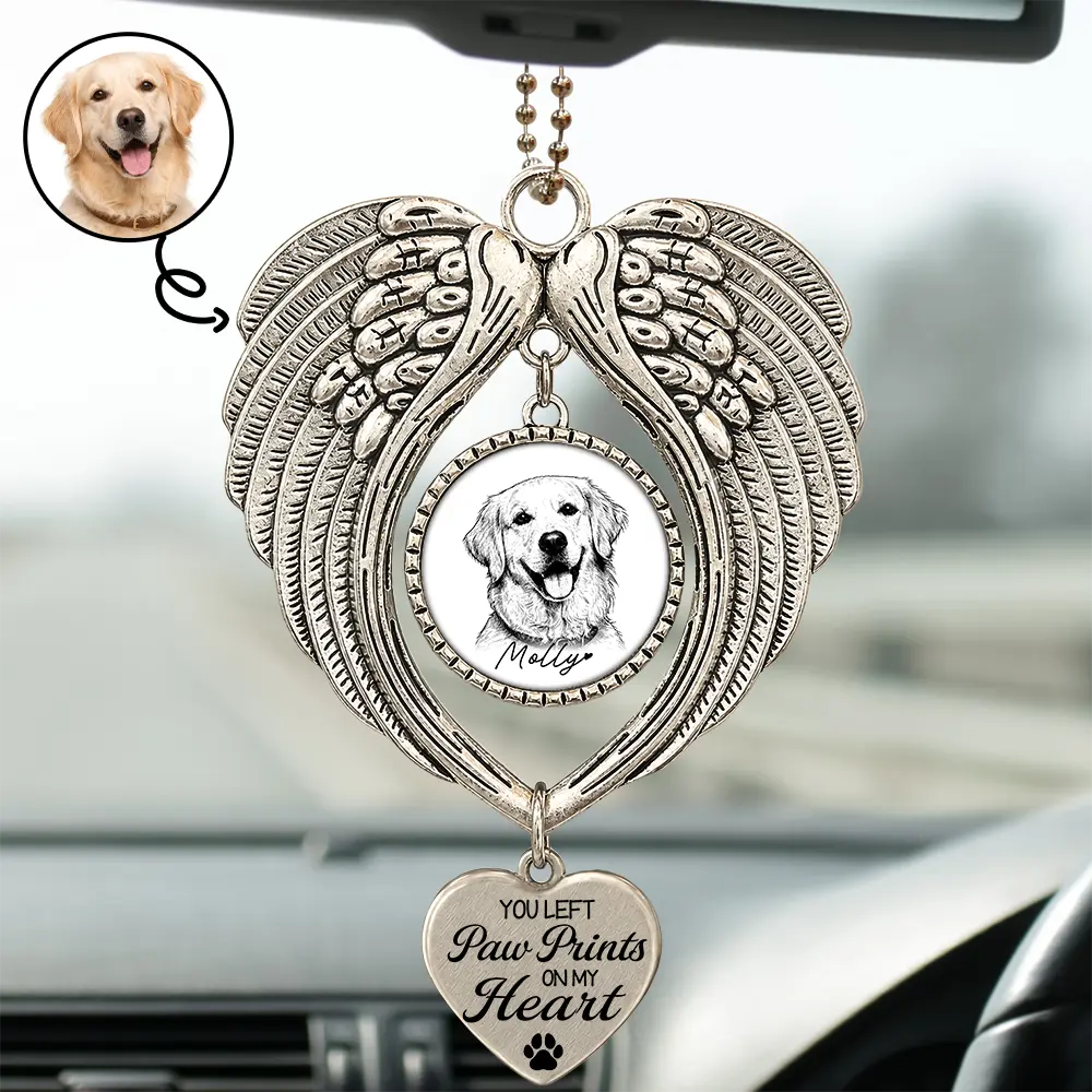 Custom Photo Ink Drawing Memorial Pet You Left Paw Prints On My Heart - Personalized Angel Wings Photo Ornament