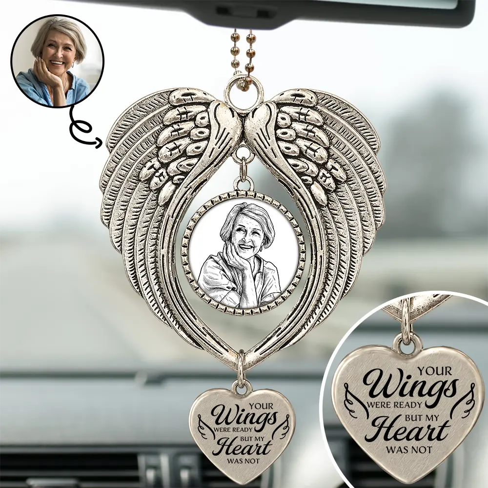 Custom Photo Ink Drawing Memorial Your Wings Were Ready - Personalized Angel Wings Photo Ornament