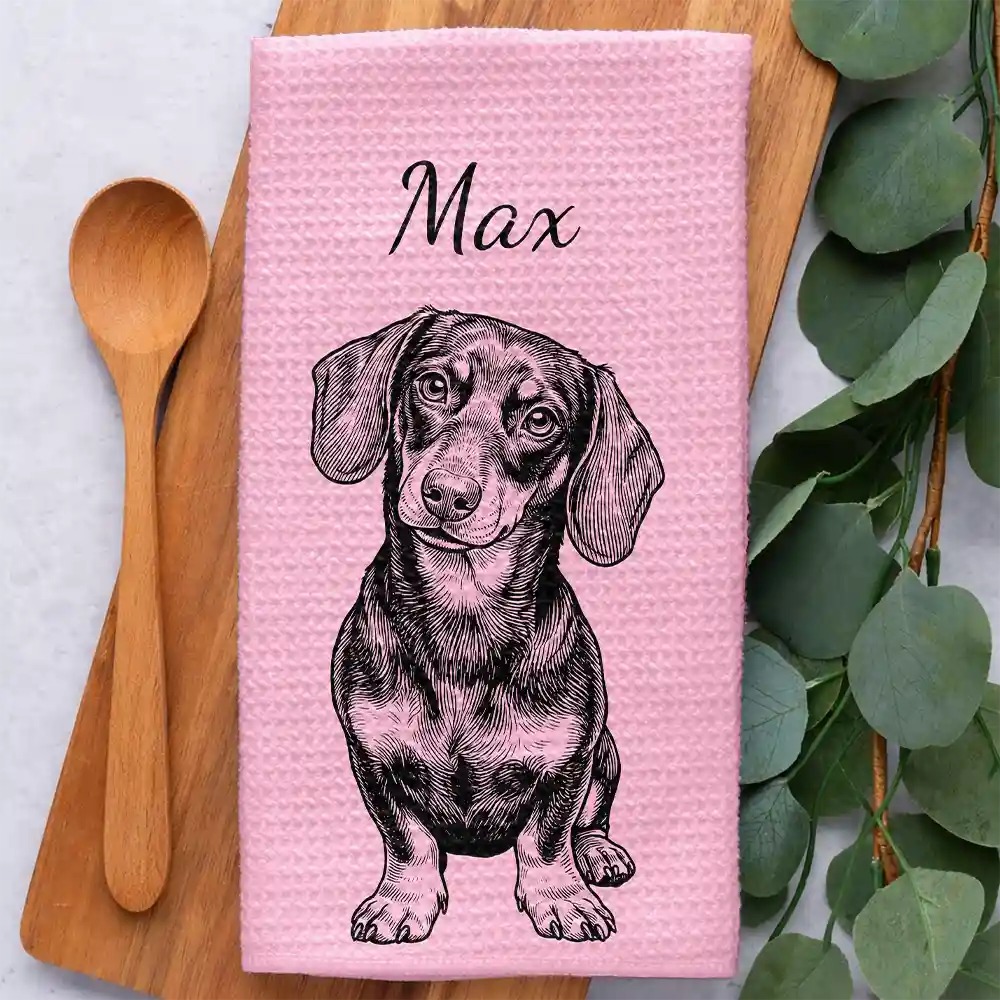 Happy,Dog Lovers,Pet Lovers,Cat Lovers - Custom Photo Ink Drawing Portrait Dog Cat Pet - Personalized Kitchen Towel