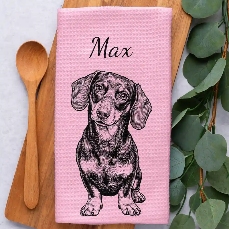 Happy,Dog Lovers,Pet Lovers,Cat Lovers - Custom Photo Ink Drawing Portrait Dog Cat Pet - Personalized Kitchen Towel