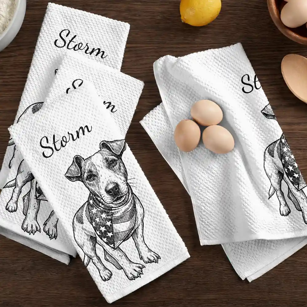 Happy,Dog Lovers,Pet Lovers,Cat Lovers - Custom Photo Ink Drawing Portrait Dog Cat Pet - Personalized Kitchen Towel