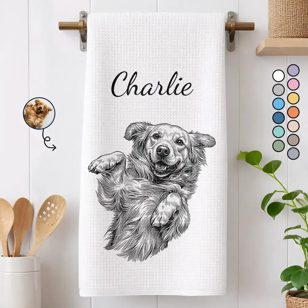 Happy,Dog Lovers,Pet Lovers,Cat Lovers - Custom Photo Ink Drawing Portrait Dog Cat Pet - Personalized Kitchen Towel