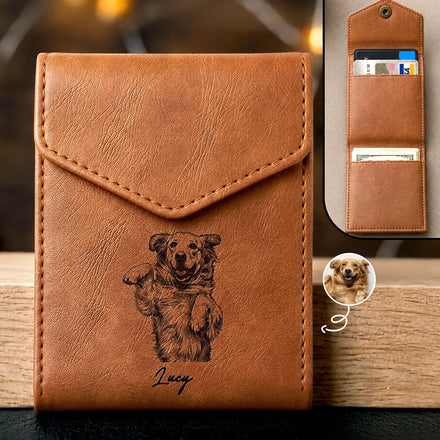 Custom Photo Ink Drawing Portrait Dog Cat With Name - Personalized Leather Slim Wallet