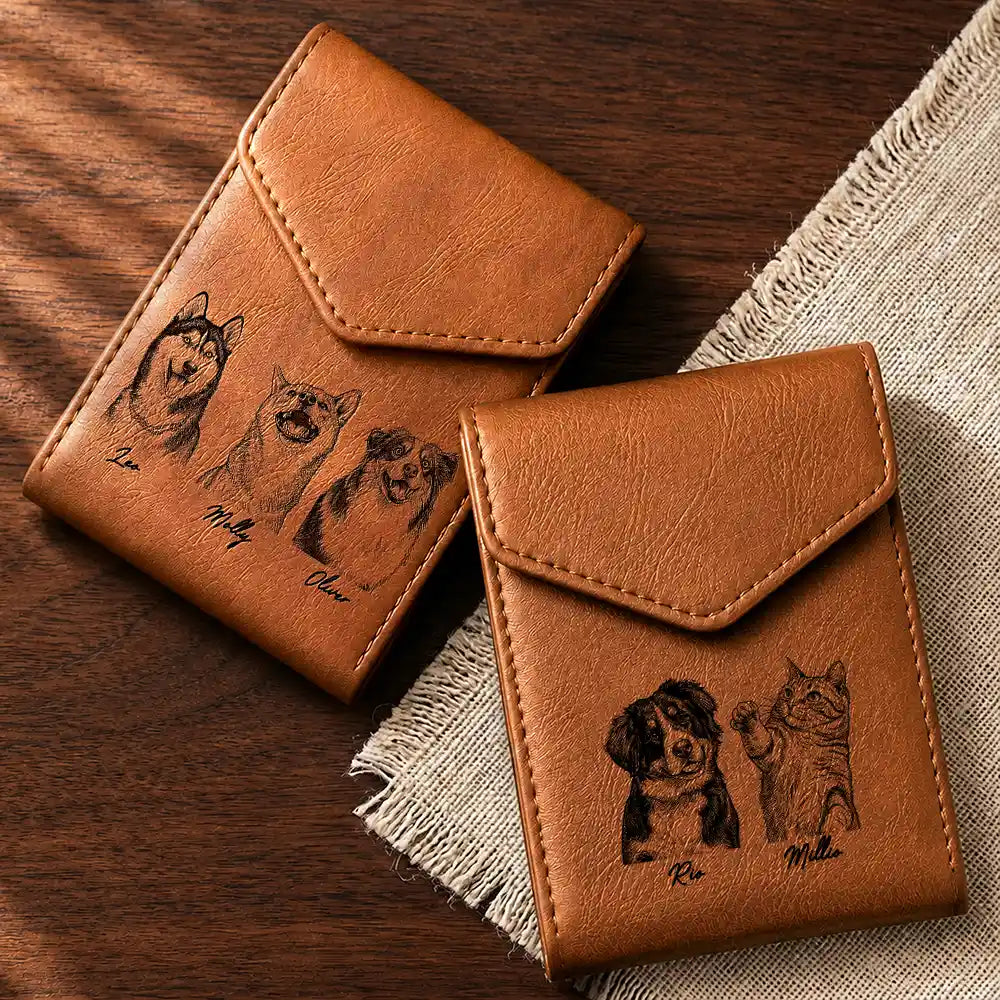 Custom Photo, Art Design, Pet Dad, Pet Lovers, Gift For Father, Adorable, Photo - Ink Drawing - Custom Photo Ink Drawing Portrait Dog Cat With Name - Personalized Leather Slim Wallet