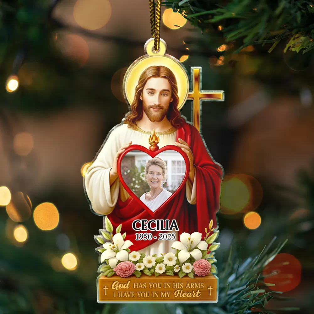 Christmas,Christian,Gift For Grandparents,Parents,Memorial - Custom Photo Jesus Hugs You In Heaven Memorial Keepsake - Personalized Custom Shaped Acrylic Ornament