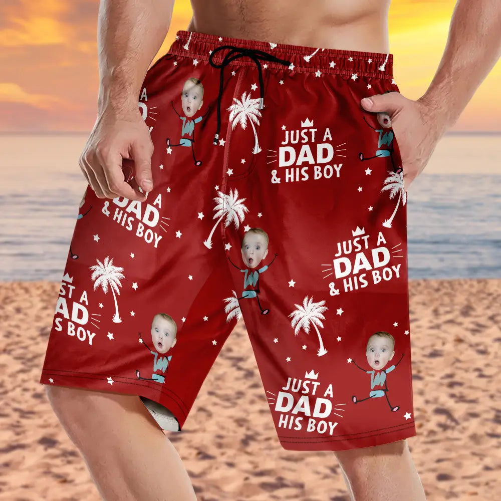Gift For Father,Dad - Daughters (Young),Happy,Summer - Custom Photo Just A Dad And His Girls - Personalized Unisex Beach Shorts