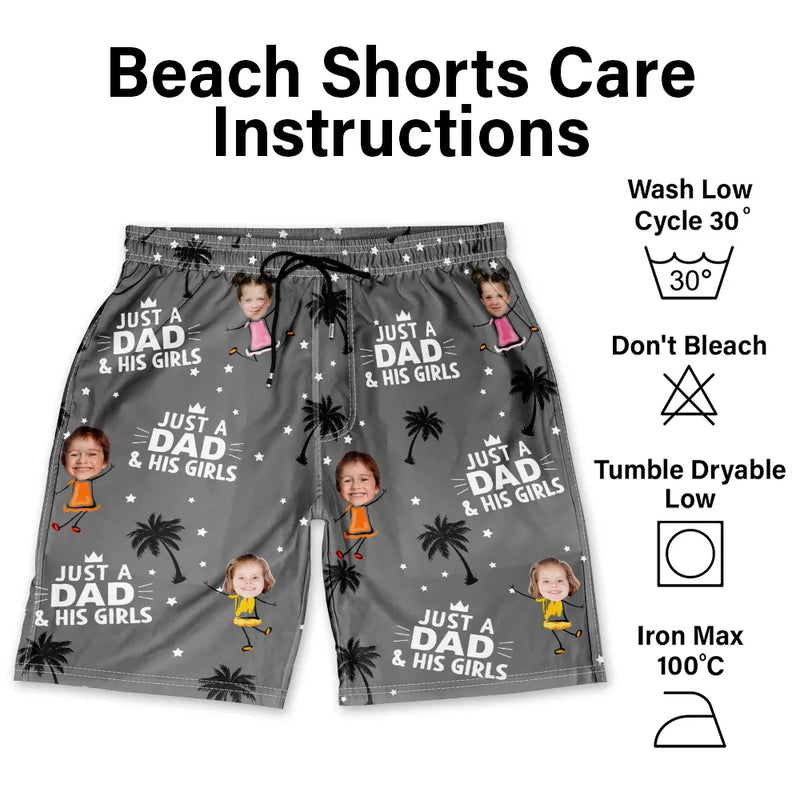 Gift For Father,Dad - Daughters (Young),Happy,Summer - Custom Photo Just A Dad And His Girls - Personalized Unisex Beach Shorts