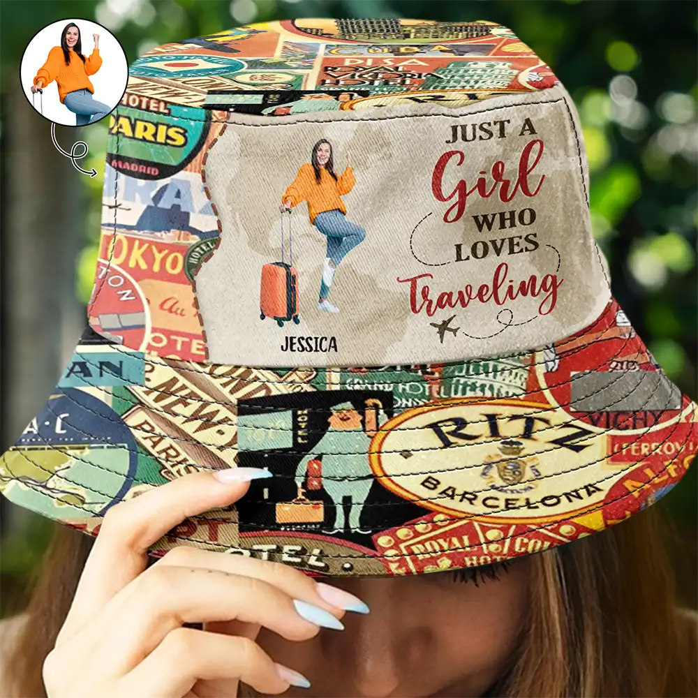 Travel,Custom Photo,Gift For Yourself,Happy - Custom Photo Just A Girl Boy Who Loves Traveling - Personalized Bucket Hat