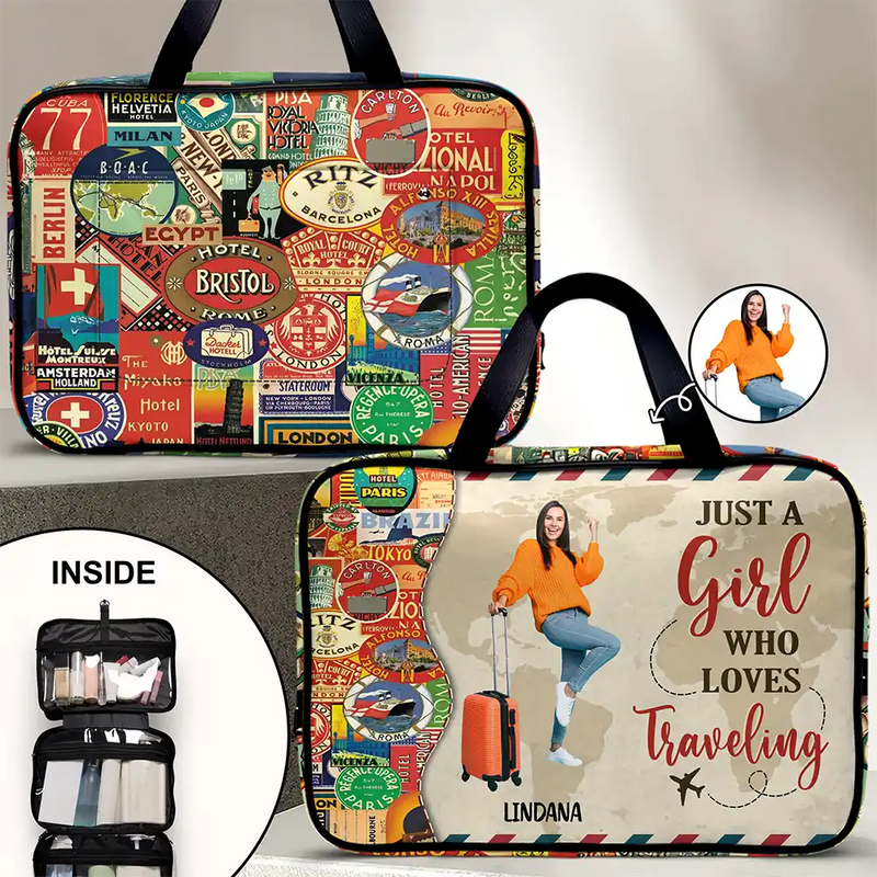 customized travel toiletry bag Custom Photo Just A Girl Boy Who Loves Traveling
