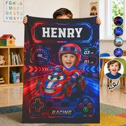 Adorable, Back To School, Custom Photo, Gift For Kids, Cut-Face Photo - Custom Photo Kid Car Racing - Personalized Fleece Blanket, Sherpa Blanket