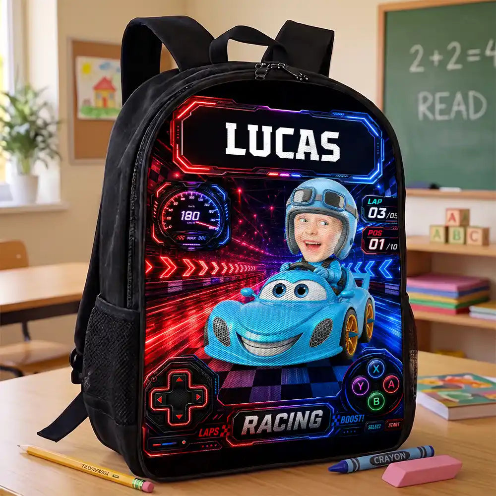 Adorable,Back To School,Custom Photo,Gift For Kids,Cut-Face Photo - Custom Photo Kid Car Racing - Personalized Kids Backpack