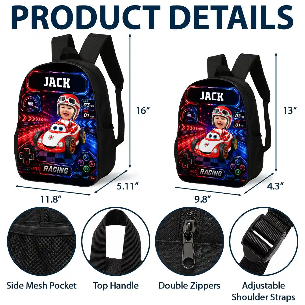 Adorable,Back To School,Custom Photo,Gift For Kids,Cut-Face Photo - Custom Photo Kid Car Racing - Personalized Kids Backpack