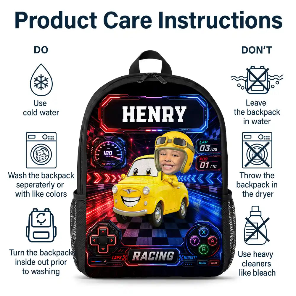 Adorable,Back To School,Custom Photo,Gift For Kids,Cut-Face Photo - Custom Photo Kid Car Racing - Personalized Kids Backpack
