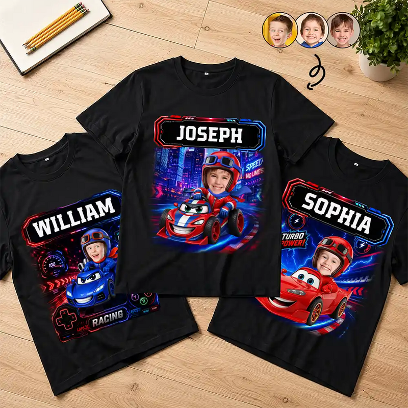 Adorable,Back To School,Custom Photo,Gift For Kids,Cut-Face Photo - Custom Photo Kid Car Racing - Personalized T Shirt