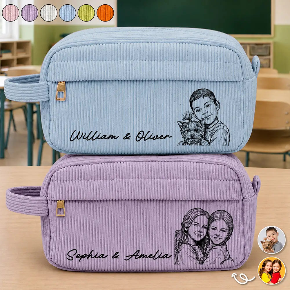 Custom Photo Kid Pet Family Besties Portrait Pencil Sketch - Personalized Corduroy Pencil Case