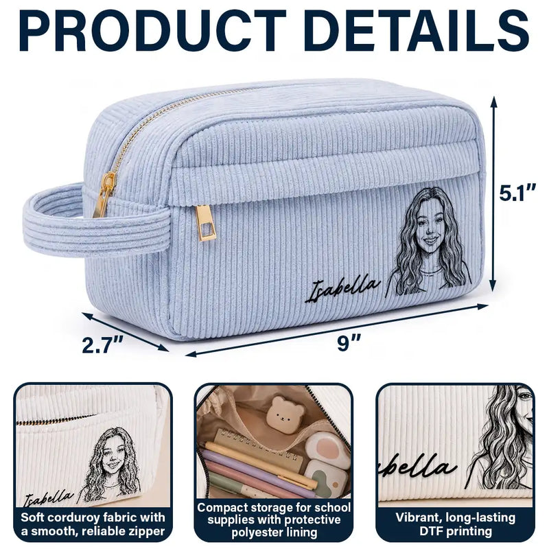 Back To School,Custom Photo,Art Design,Family,Confident,Photo - Pencil Sketch - Bold - Custom Photo Kid Pet Family Besties Portrait Pencil Sketch - Personalized Corduroy Pencil Case