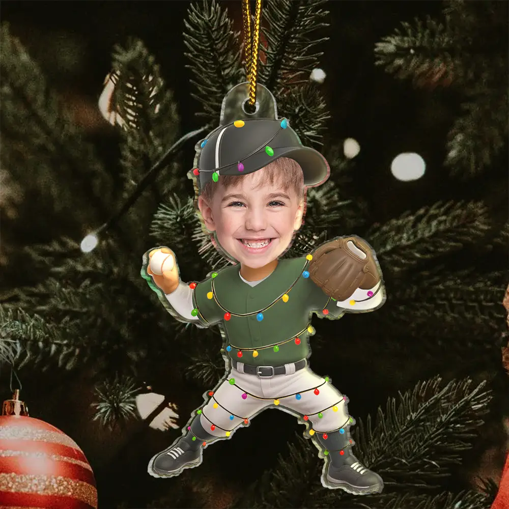 Gift For Kids,Gift For Grandkids,Photo Hobby Ornament,Custom Photo,Funny,Christmas - Custom Photo Kid Playing Baseball - Personalized Acrylic Photo Ornament