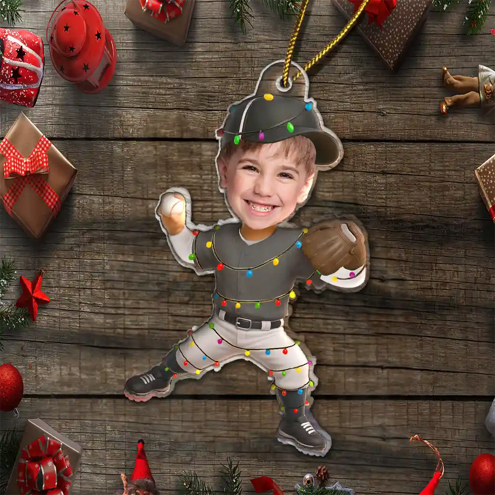 Gift For Kids,Gift For Grandkids,Photo Hobby Ornament,Custom Photo,Funny,Christmas - Custom Photo Kid Playing Baseball - Personalized Acrylic Photo Ornament