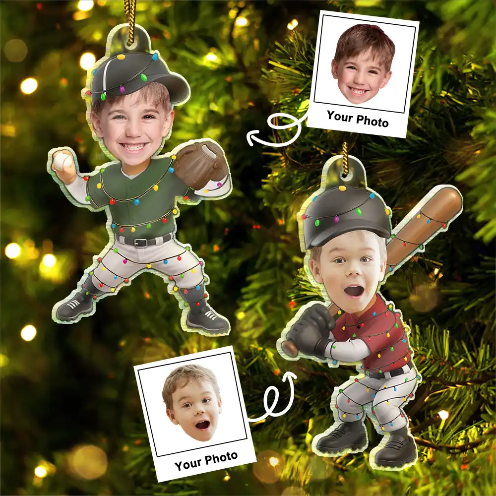 Gift For Kids,Gift For Grandkids,Photo Hobby Ornament,Custom Photo,Funny,Christmas - Custom Photo Kid Playing Baseball - Personalized Acrylic Photo Ornament