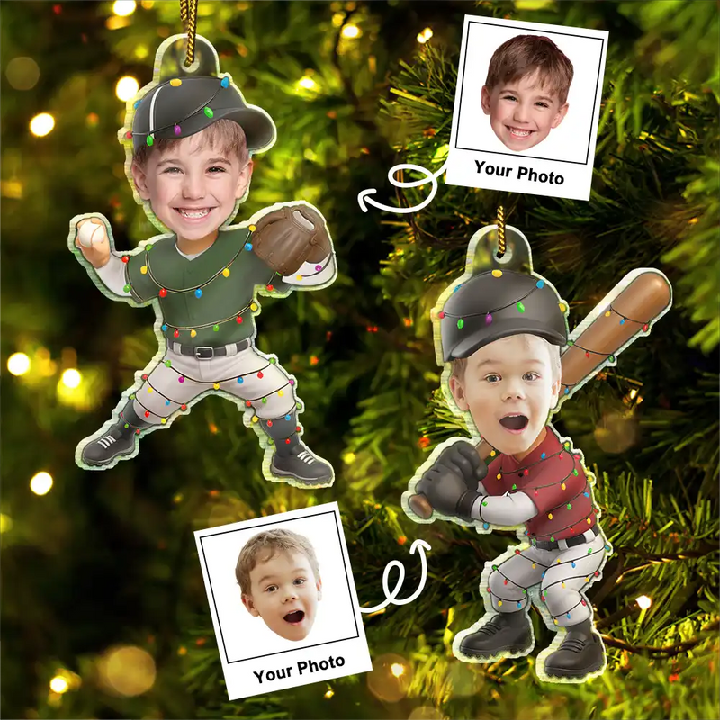 Gift For Kids,Gift For Grandkids,Photo Hobby Ornament,Custom Photo,Funny,Christmas - Custom Photo Kid Playing Baseball - Personalized Acrylic Photo Ornament