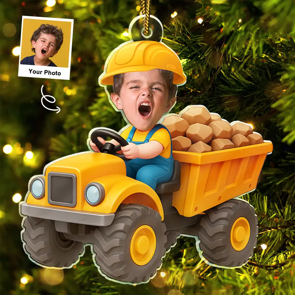 Custom Photo Kid Riding Construction - Personalized Acrylic Photo Ornament