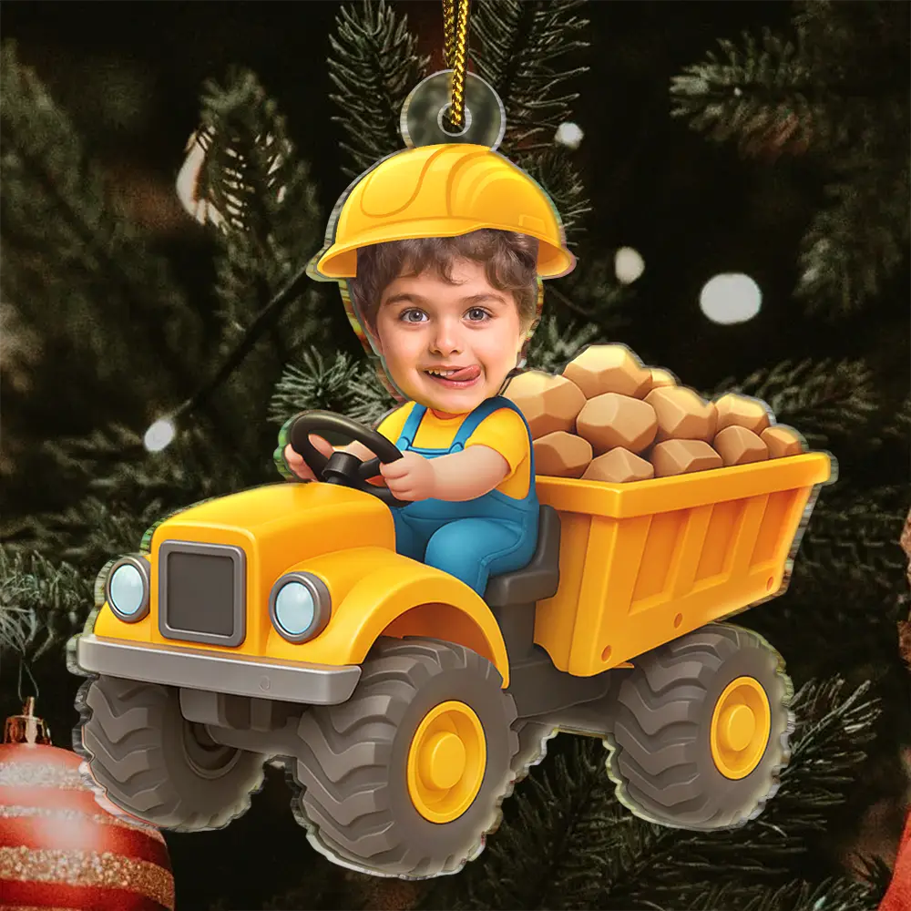 Gift For Kids,Gift For Grandkids,Photo Hobby Ornament,Custom Photo,Funny,Christmas - Custom Photo Kid Riding Construction - Personalized Acrylic Photo Ornament