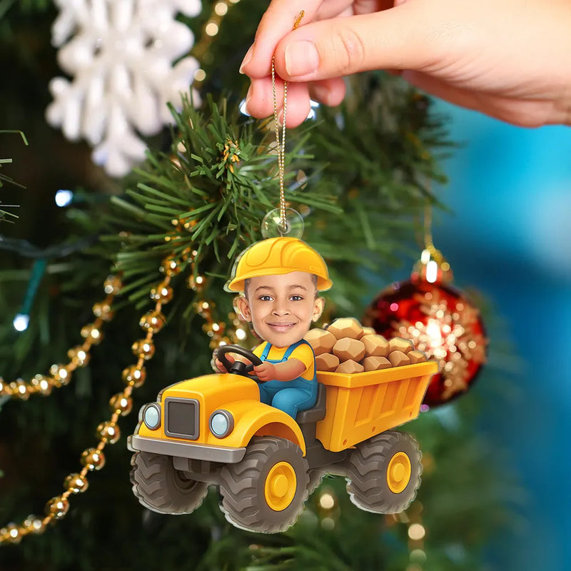 Gift For Kids,Gift For Grandkids,Photo Hobby Ornament,Custom Photo,Funny,Christmas - Custom Photo Kid Riding Construction - Personalized Acrylic Photo Ornament