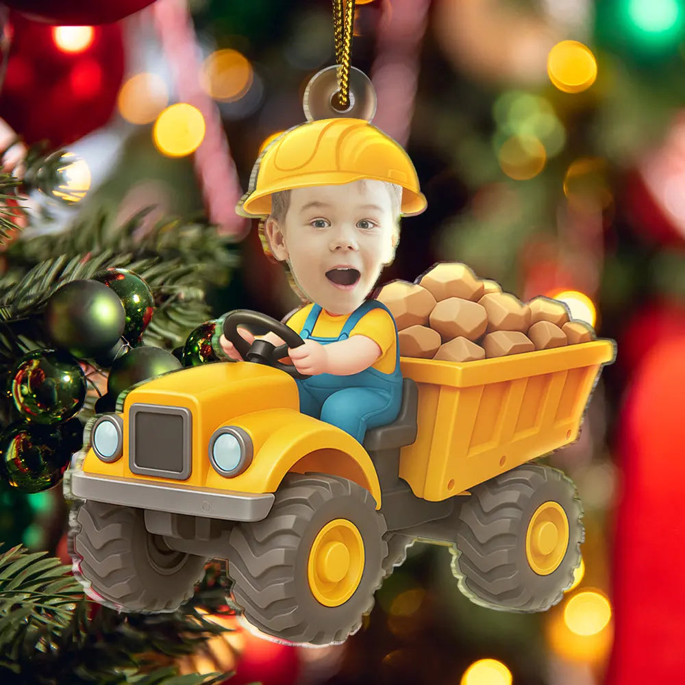 Gift For Kids,Gift For Grandkids,Photo Hobby Ornament,Custom Photo,Funny,Christmas - Custom Photo Kid Riding Construction - Personalized Acrylic Photo Ornament