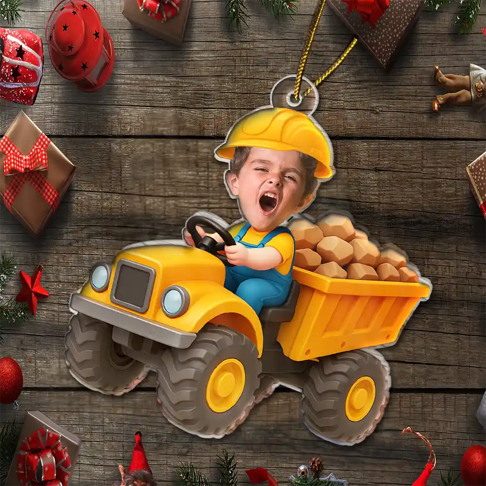 Gift For Kids,Gift For Grandkids,Photo Hobby Ornament,Custom Photo,Funny,Christmas - Custom Photo Kid Riding Construction - Personalized Acrylic Photo Ornament