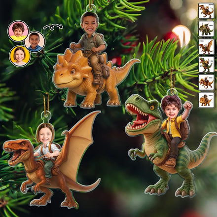 Custom Photo Kid Riding Dinosaur - Personalized Custom Shaped Acrylic Ornament