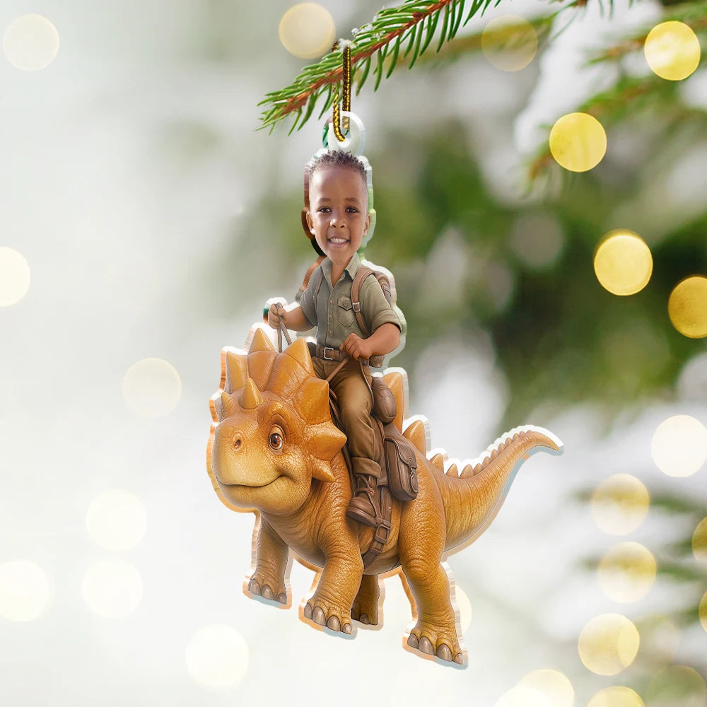 Custom Photo, Gift For Kids, Gift For Grandkids, Happy, Christmas - Custom Photo Kid Riding Dinosaur - Personalized Custom Shaped Acrylic Ornament