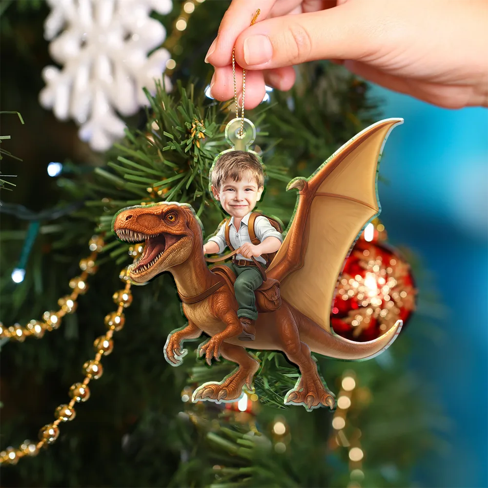 Custom Photo, Gift For Kids, Gift For Grandkids, Happy, Christmas - Custom Photo Kid Riding Dinosaur - Personalized Custom Shaped Acrylic Ornament