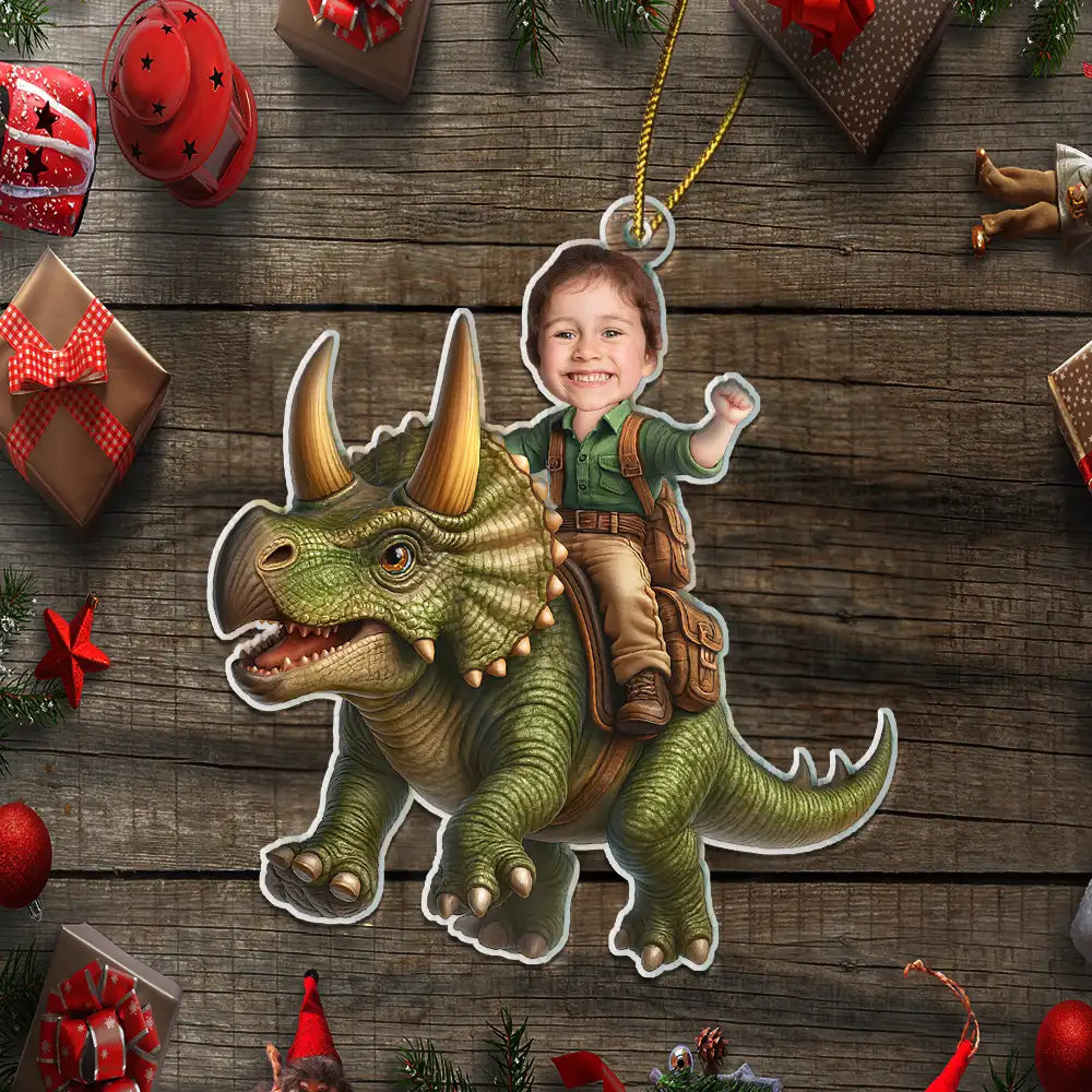 Custom Photo, Gift For Kids, Gift For Grandkids, Happy, Christmas - Custom Photo Kid Riding Dinosaur - Personalized Custom Shaped Acrylic Ornament