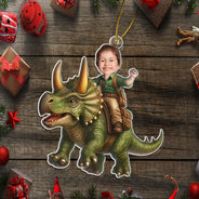 Custom Photo, Gift For Kids, Gift For Grandkids, Happy, Christmas - Custom Photo Kid Riding Dinosaur - Personalized Custom Shaped Acrylic Ornament