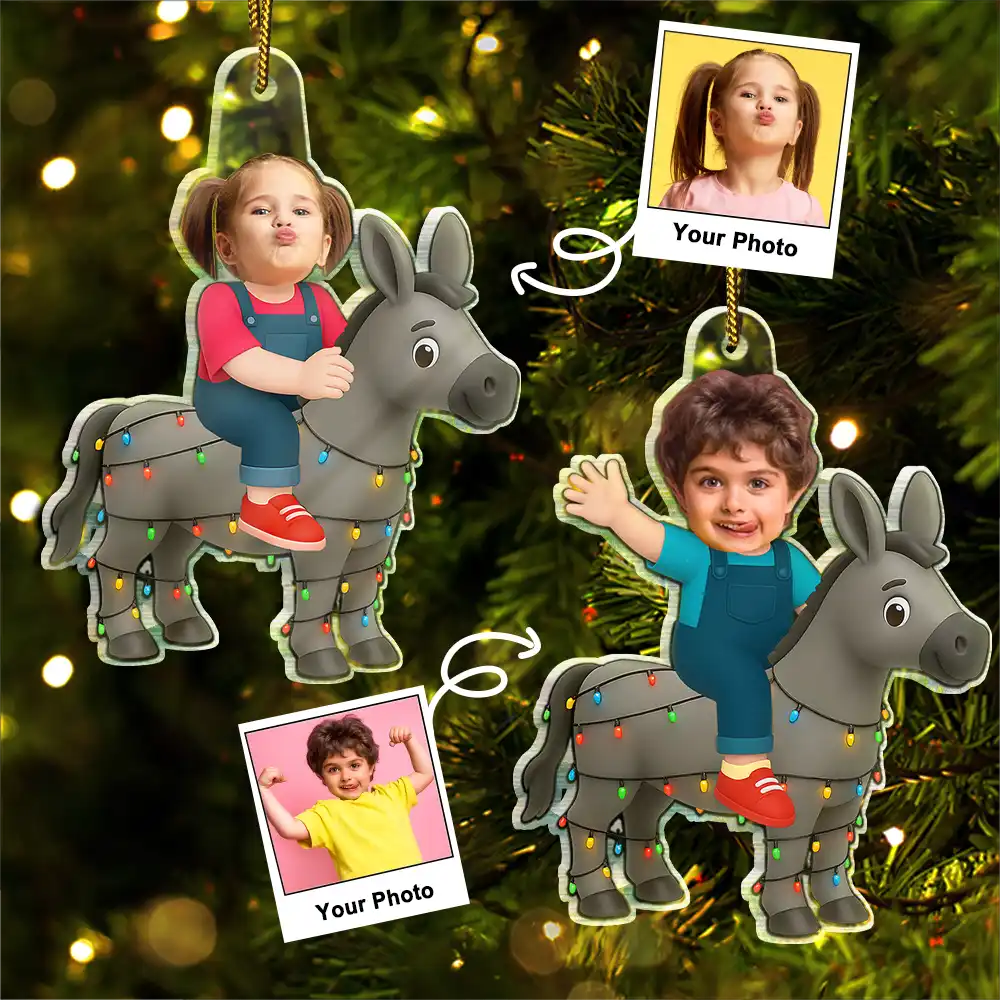 Custom Photo Kid Riding Donkey - Personalized Acrylic Photo Ornament