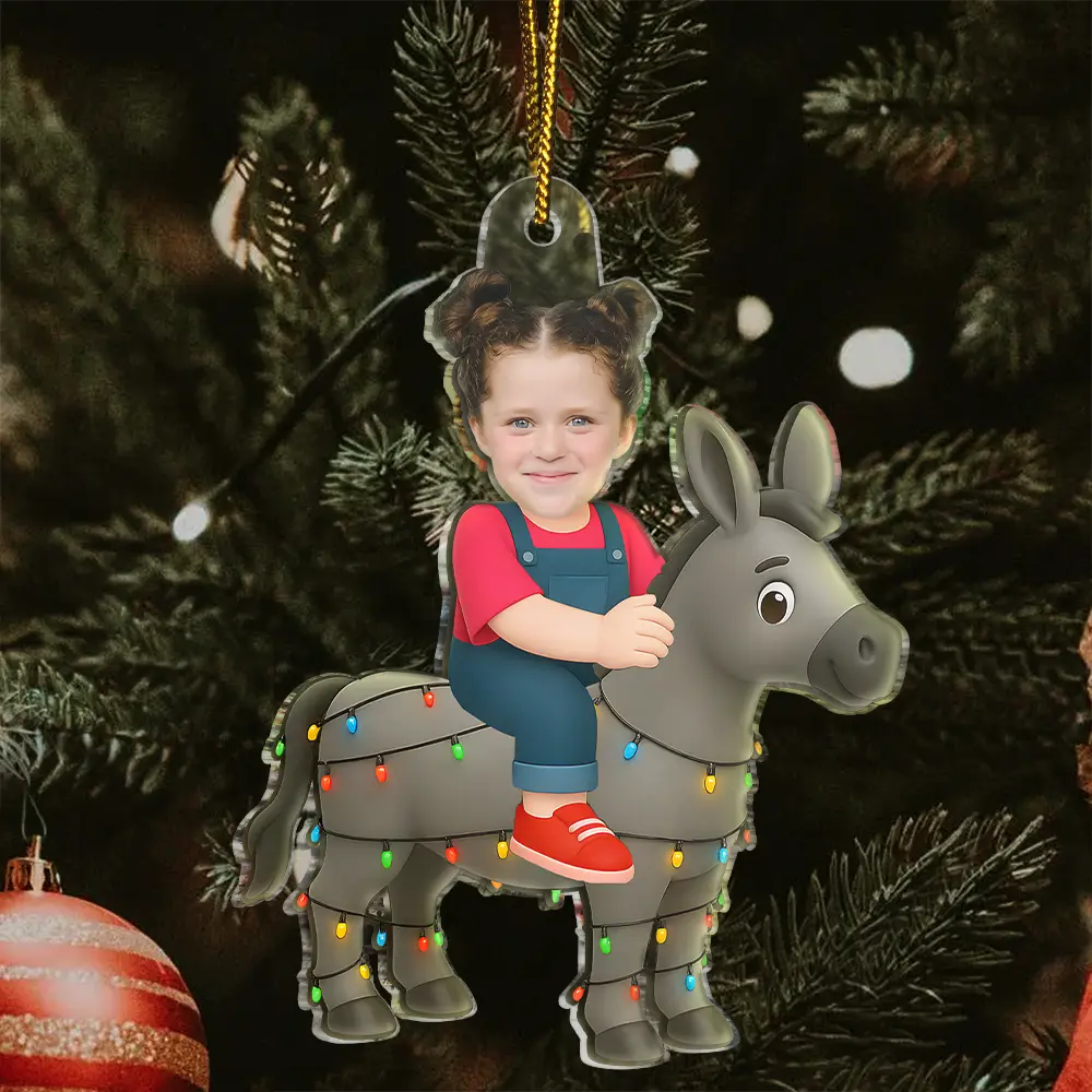 Gift For Kids,Gift For Grandkids,Photo Hobby Ornament,Custom Photo,Funny,Christmas - Custom Photo Kid Riding Donkey - Personalized Acrylic Photo Ornament