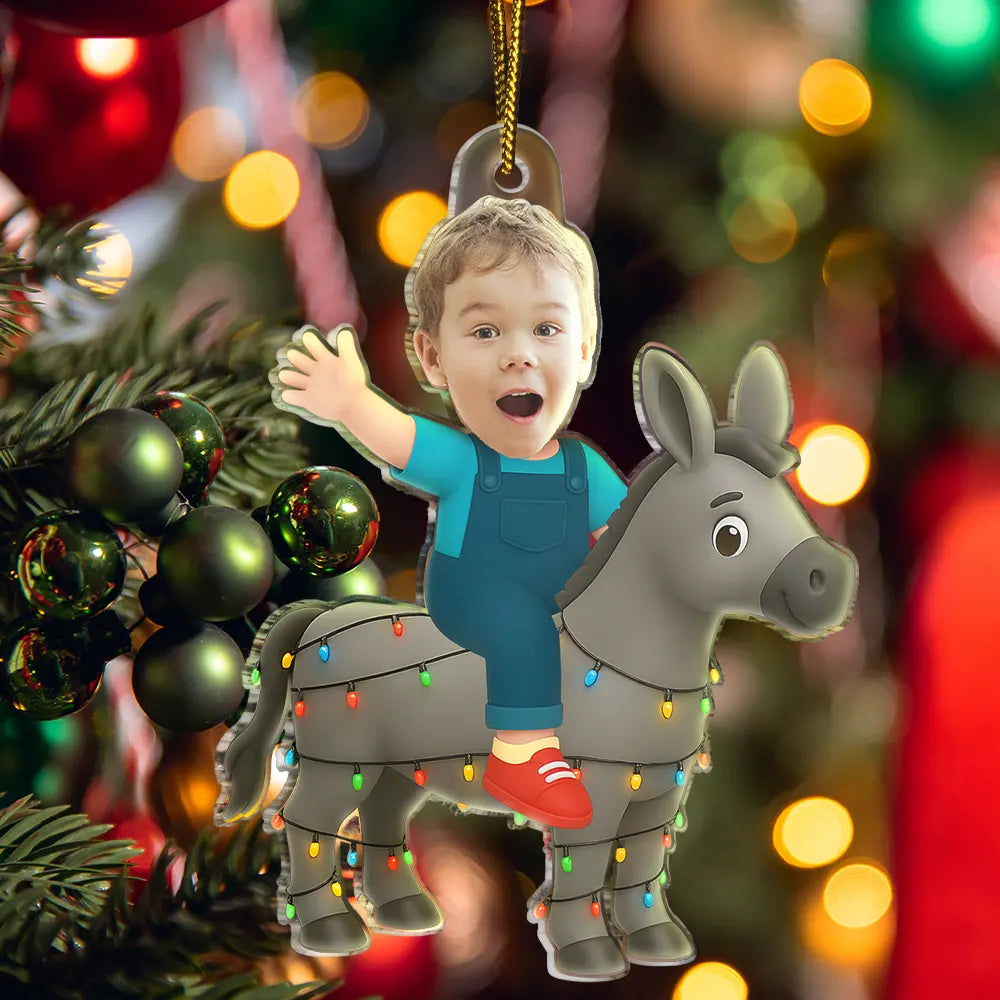Gift For Kids,Gift For Grandkids,Photo Hobby Ornament,Custom Photo,Funny,Christmas - Custom Photo Kid Riding Donkey - Personalized Acrylic Photo Ornament