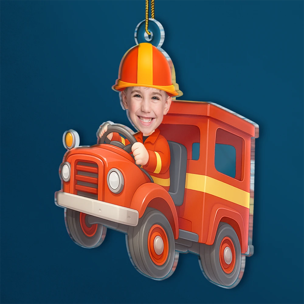 Gift For Kids, Gift For Grandkids, Photo Hobby Ornament, Custom Photo, Funny, Cristmas - Custom Photo Kid Riding Fire Truck - Personalized Acrylic Photo Ornament