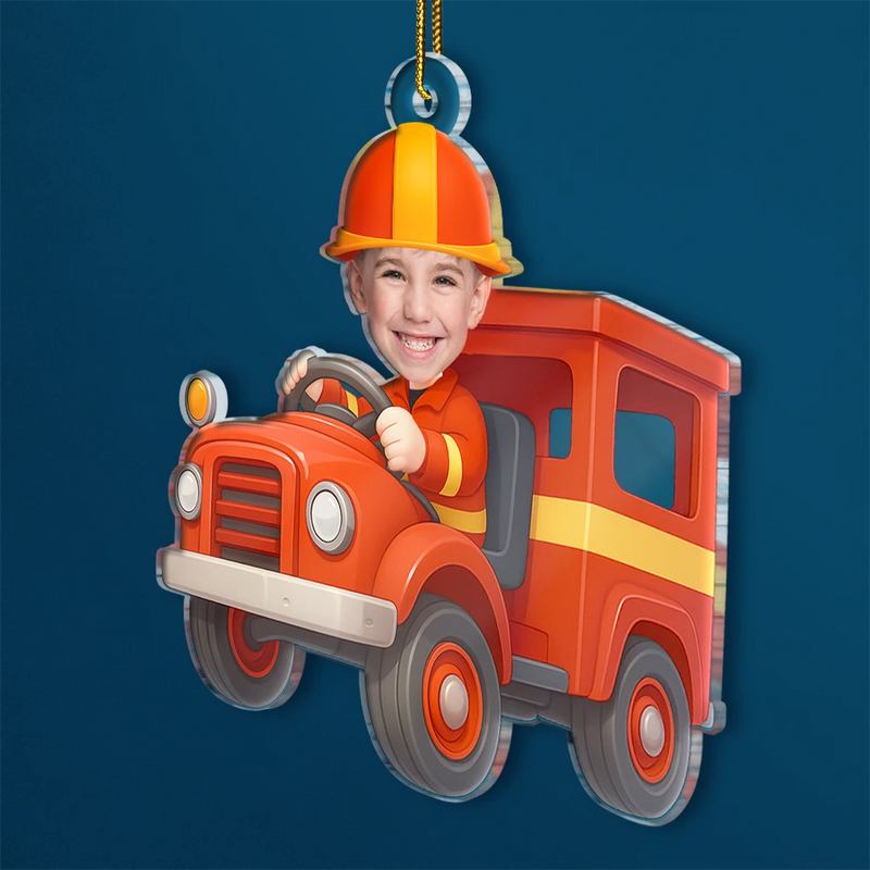 Gift For Kids, Gift For Grandkids, Photo Hobby Ornament, Custom Photo, Funny, Cristmas - Custom Photo Kid Riding Fire Truck - Personalized Acrylic Photo Ornament