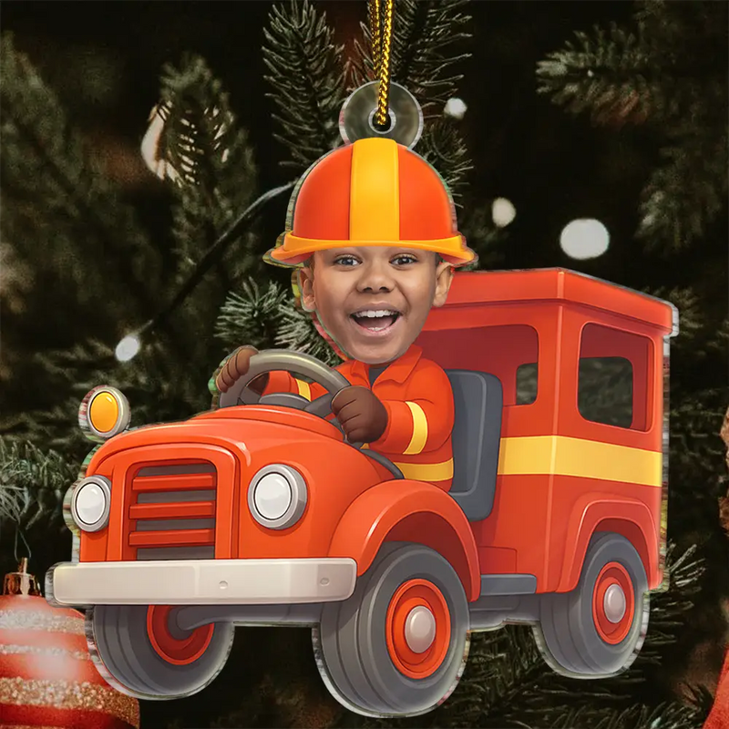 Gift For Kids, Gift For Grandkids, Photo Hobby Ornament, Custom Photo, Funny, Cristmas - Custom Photo Kid Riding Fire Truck - Personalized Acrylic Photo Ornament